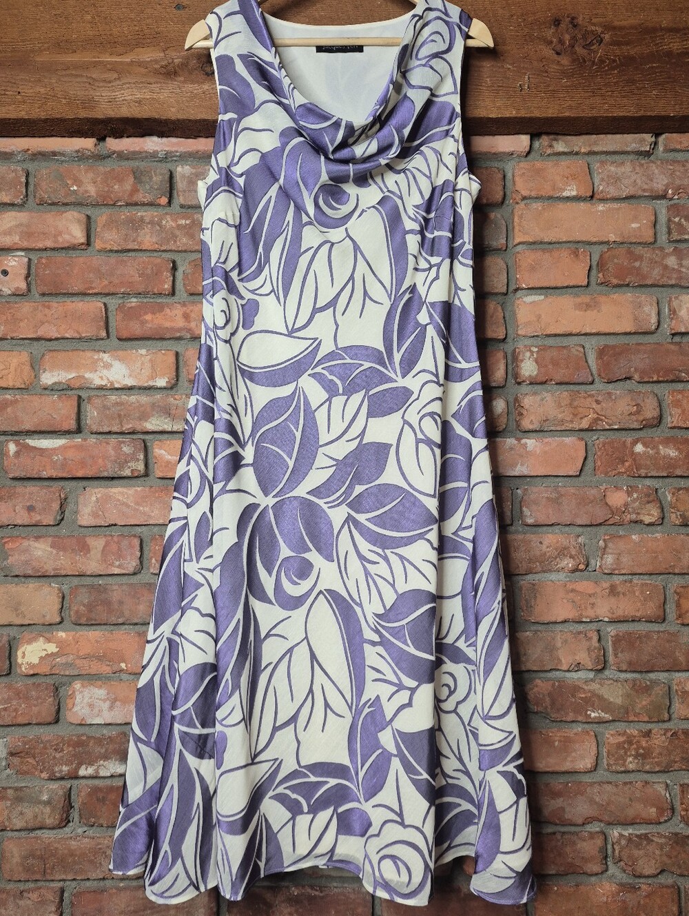 Jacques Vert Floral Cowl Neck A-Line Dress Purple Ivory Size 16